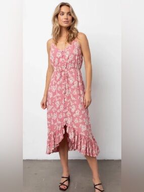 Rails Frida Pink Floral Sleeveless Midi Dress Flounce Hem Tie Waist Size M